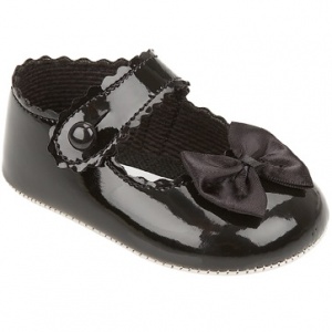Baby Girls Black Button Bow Patent Pram Shoes